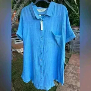 Citrine Swim Breaker Shirt Dress XL Small Beach Coverup‎ Blue Gauze $128